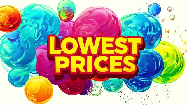 A colorful image with the words "lowest prices" written in red. The image is a collage of different colored spheres