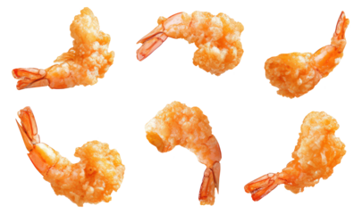 Butterfly shrimps or fried prawns that look delicious floating in the air isolated on white and transparent background, tempura crispy food taste