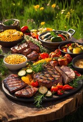 Obraz premium sizzling platter succulent grilled meats vibrant vegetables aromatic herbs displayed rustic wooden board, bbq, seasoning, charred, presentation, smoky