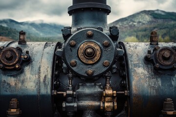 Fototapeta premium Close-up of aged industrial machinery, showcasing intricate details and weathered metal against a mountain backdrop.