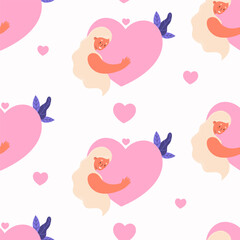 Seamless romance pattern. Happy woman with long hair with big pink heart valentine on white background. Vector illustration. Female holiday character, Women Day, Valentine Day