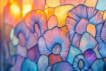 Obraz premium Abstract stained glass art with pastel colors and organic shapes, resembling flowers or coral.