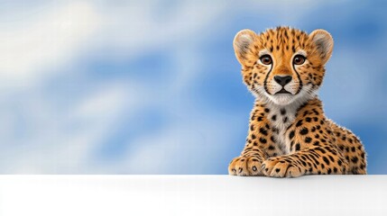 Fototapeta premium Adorable Cheetah Cub on Blue Sky Background