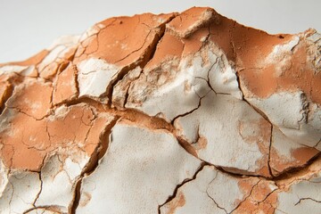 Fototapeta premium Cracked earth, a textured surface of off-white and reddish-brown hues, showing intricate patterns of fracturing.