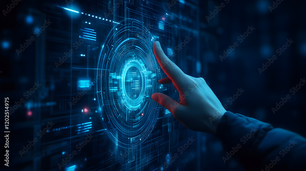 Poster hand touch digital hud interface futuristic technology background of virtual computer screen display