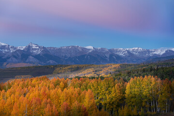 USA, Colorado, Uncompahgre National Forest. San Juan Mountains and aspen forest in autumn sunset.