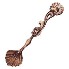 Hand drawing illustration of beautiful bronze spoon with sea decor