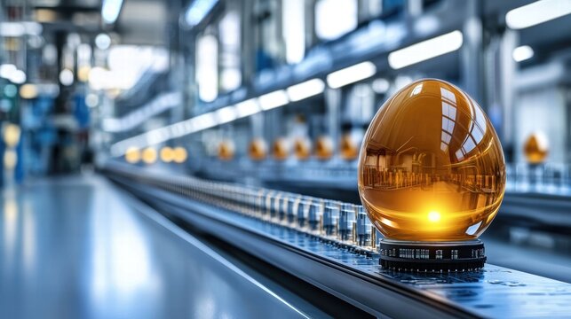 Amber Egg on Conveyor Belt in Factory