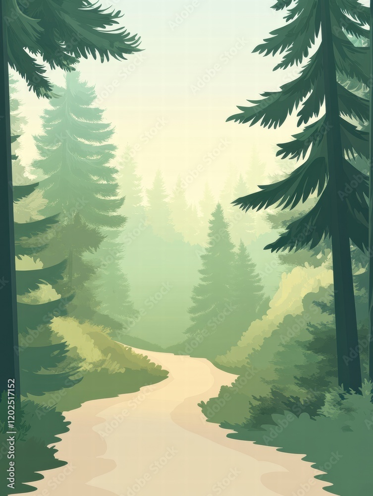 Poster winding forest trail meanders through tall trees illustrating natures beauty and tranquility. genera