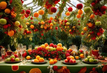 vibrant display mesmerizing suspended fruits breathtaking feast highlighting dynamic color contrasts, aesthetic, artistry, arrangement, ambiance, balance
