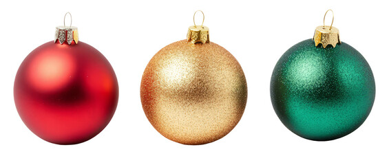 Christmas and New Year toys decorations in the form of balls for the Christmas tree. Red, gold and green Christmas decoration isolated on white and transparent background