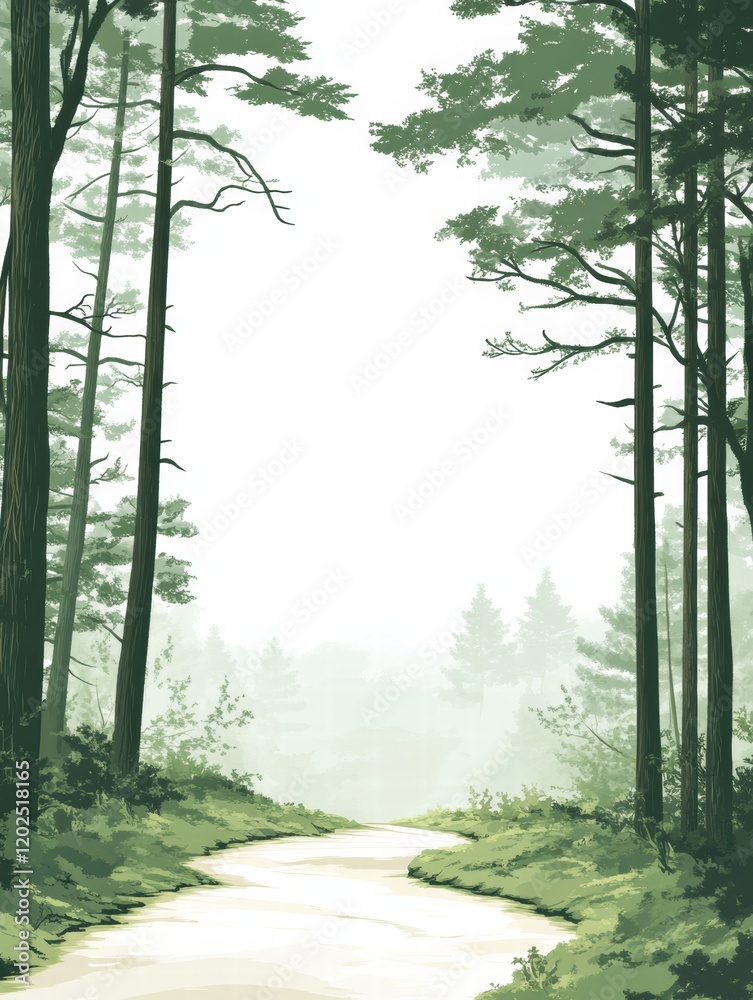 Poster winding forest trail leads through tall trees in a serene and misty woodland setting. generative ai