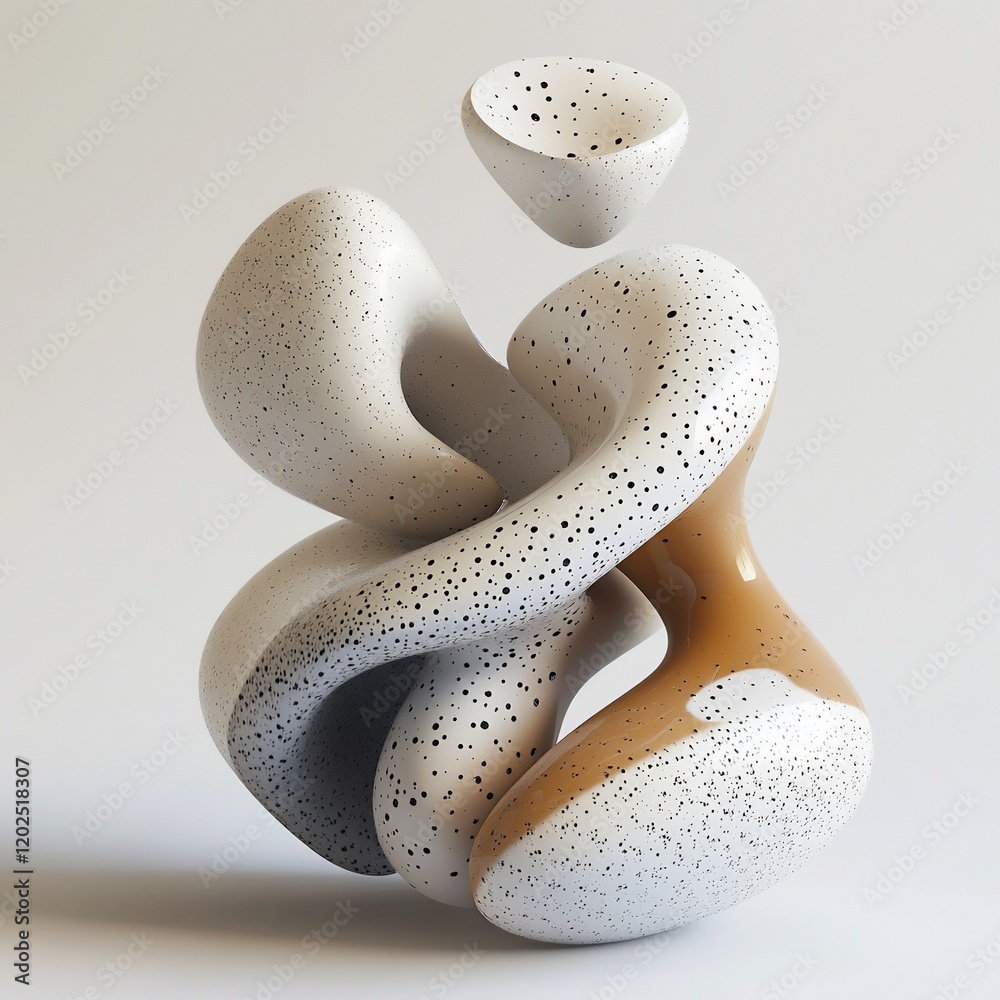 Poster Abstract 3D render of interconnected speckled shapes in beige and mustard.