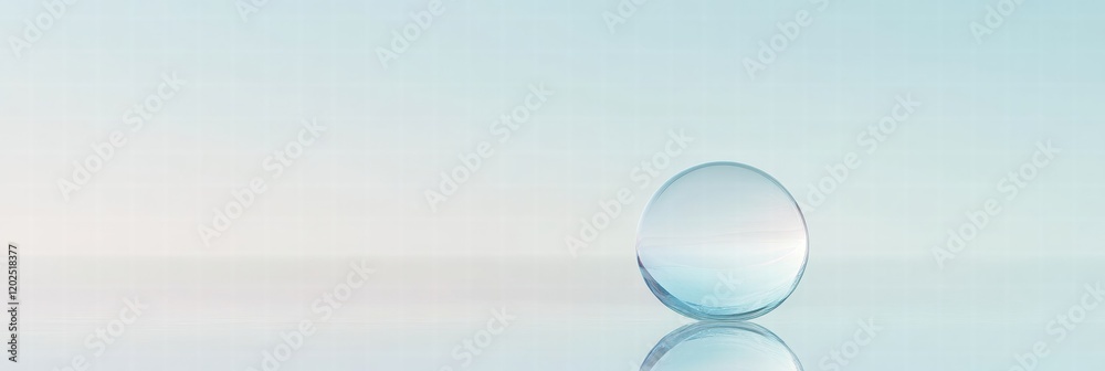 Aufkleber clear glass sphere reflecting light on a smooth surface under soft blue background. generative ai