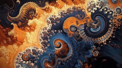 Abstract swirling fractal art; fiery orange and deep blue hues; background texture. Use website design