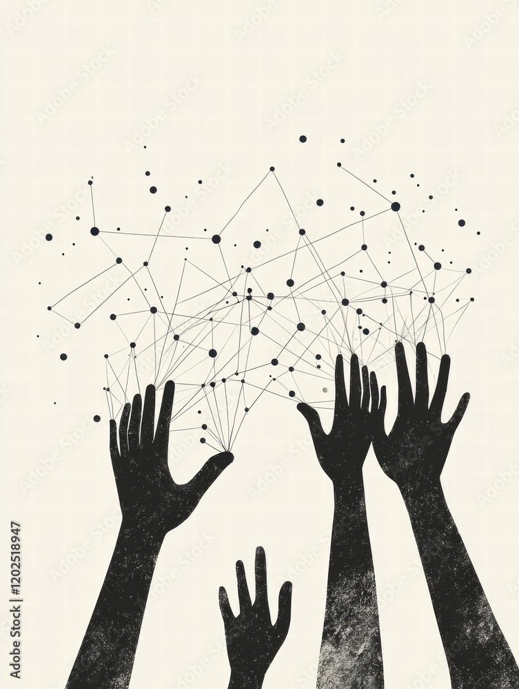 Poster Silhouettes of hands reaching out to connect with lines and dots illustrating interconnectedness and collaboration. Generative AI