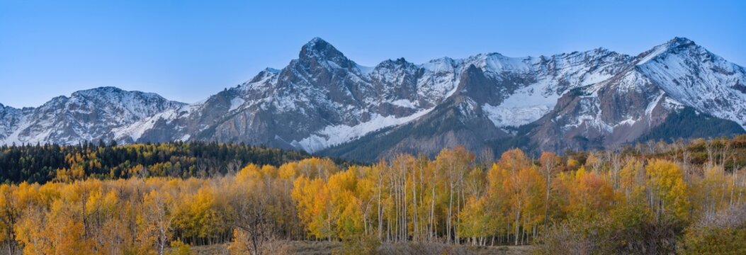 USA, Colorado, Uncompahgre National Forest. Panoramic sunset on aspen forest and Sneffels Range.