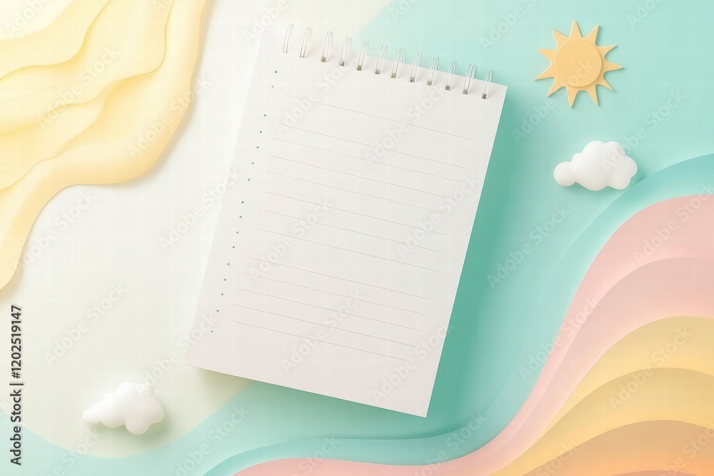 Poster planner layout featuring abstract nature elements with sun, clouds, and mountains for creative organ
