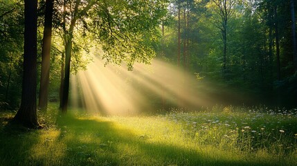 Naklejka premium Sunlight filters through the trees illuminating a lush meadow in the forest creating a beautiful landscape scene