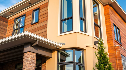 Obraz premium Modern House Exterior: Luxury Home Design and Architecture. Real Estate, Residential Property, Contemporary Style, Brick and Wood Facade, New Construction