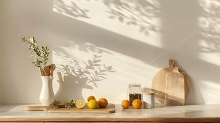 Bright kitchen scene, minimalist, fresh lemons and herbs on a wooden countertop, natural light, copy space
