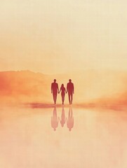 Fototapeta premium Silhouettes of people holding hands with natures warm hues at sunset reflecting unity and togetherness. Generative AI