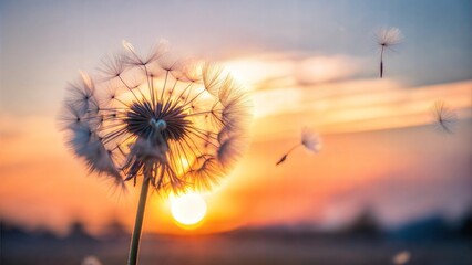 Close-up of a dandelion seed head with a sunset background and flying seeds