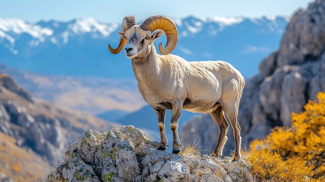 Majestic argali ram on mountain crag with snowy peaks