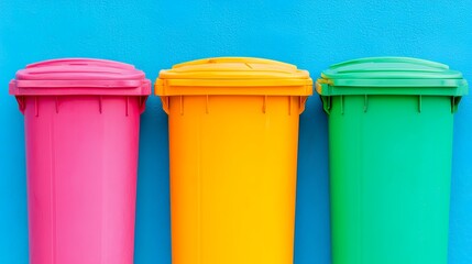 Three colorful wheelie bins stand against a vibrant blue wall