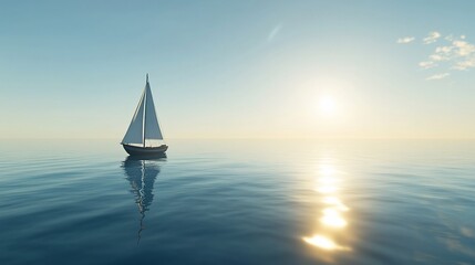 Fototapeta premium A lone sailboat gracefully sailing on calm waters at sunset providing peaceful and serene scenery