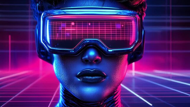 Vintage 1980's retro closeup shot of a woman with a VR helmet on flying through a digital grid of violet, purple and blue vector art.