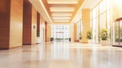 Fototapeta premium Modern Blurred Lobby Interior with Natural Light and Wood Design
