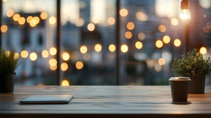 Modern Workspace with Blurred Cityscape Background and Cozy Decor
