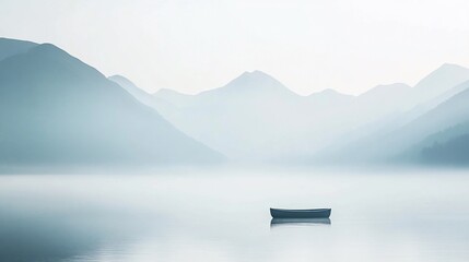 Obraz premium Solitary boat on misty lake surrounded by layered mountains with soft hazy blue tones