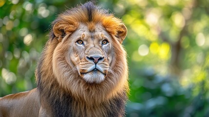 Fototapeta premium Majestic lion portrait, jungle bokeh, wildlife conservation