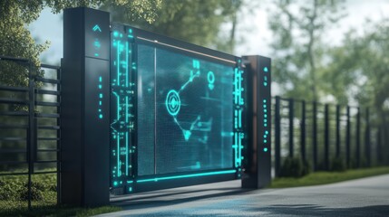 Obraz premium High-tech gate with a holographic display panel for customizable visual effects and enhanced functionality