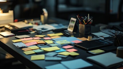 Creative Workspace with Sticky Notes for Brainstorming Ideas