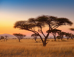 Fototapeta premium An African acacia tree spreads its branches over golden savanna grass during a colorful sunset.