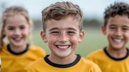 Happy kids soccer team portrait, field background, youth sports