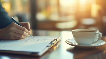 A person writing notes in a planner with a coffee nearby, modern setting, blurred background, and empty caption space, symbolizing organization, focus, and productivity amidst daily chaos

