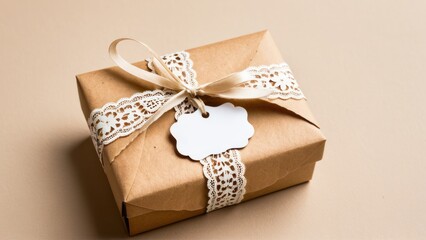 Handmade kraft bonbonniere with lace bow and blank tag, great for personalized favors.