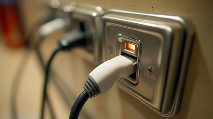 A phone charger plugged into an outlet symbolizing recharging and renewal with a blurred empty caption space beside it conveying a sense of quiet amidst chaos

