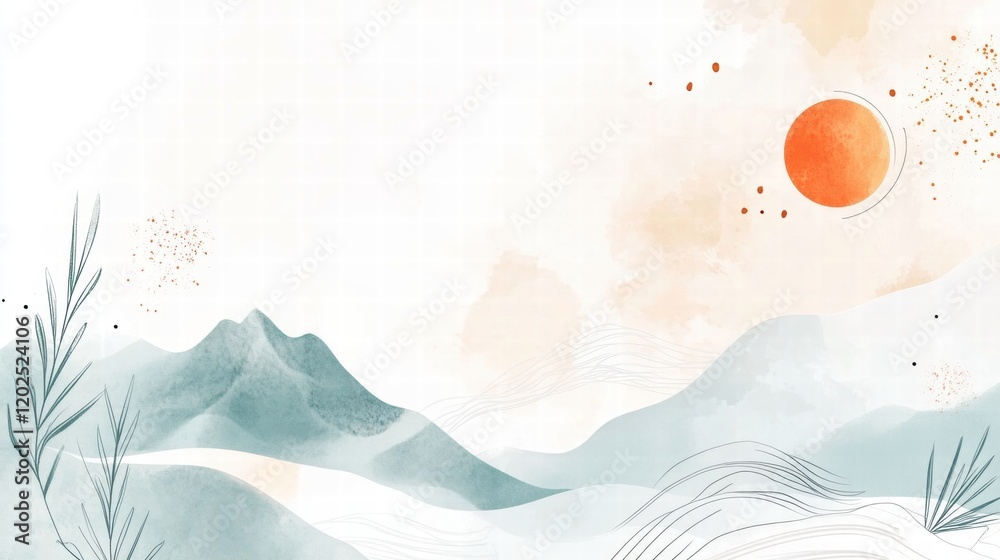 Poster explore a simple planner layout with abstract nature inspired elements featuring sun, clouds, and mo