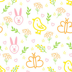 Easter seamless pattern with symbols of Easter and spring. Rabbit, chicken, flowers, butterflies, twigs, leaves, hearts and stars on a white background. Children cute animal pattern.