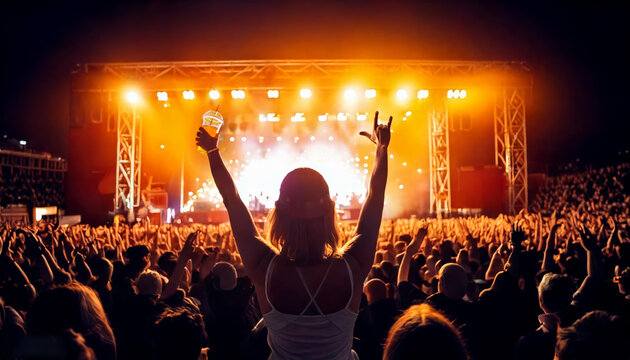 Girl with a drink in the crowd at a rock concert