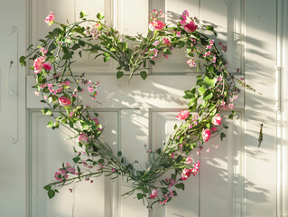 A heart-shaped wreath made of fresh flowers and greenery, hanging on a white vintage door with soft natural light.