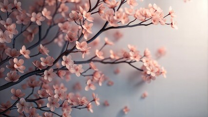 Minimalistic cherry blossom branch with delicate pink flowers, photorealistic style, symbolizing purity and simplicity on a plain white background