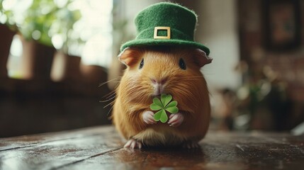 Adorable guinea pig in a hat holding a four-leaf clover. AI.