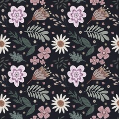 Abstract seamless pattern with blooming flowers and leaves.natural illustration with  flowers background.