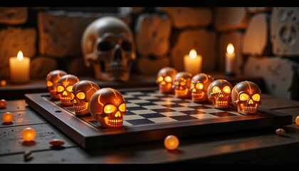 Obraz premium Glowing skull chess pieces on flickering candlelit board, eerie ambiance